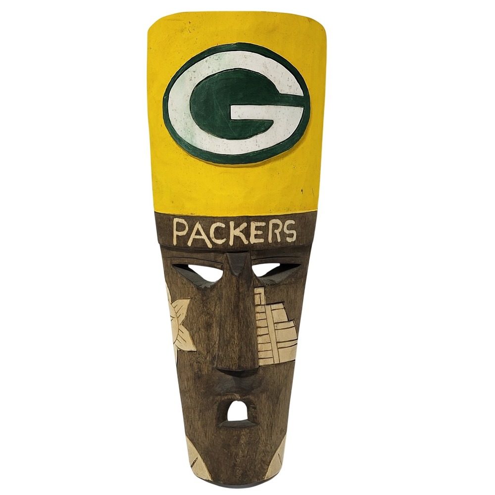 Green Bay Packers Wooden Tiki Mask Wall Decor Hand‎ Carved NFL Fan Cave 13"